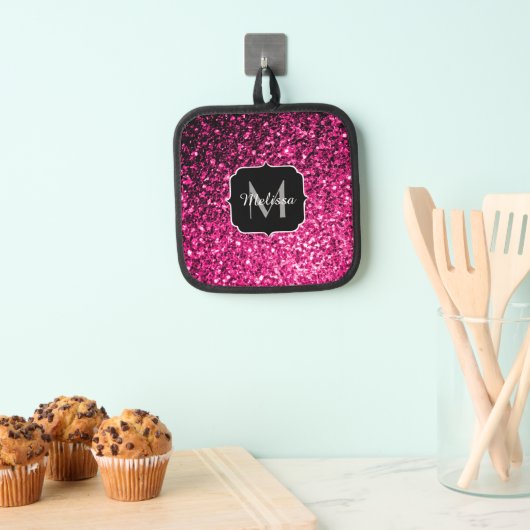 Heet roze faux glitter sparkles Monogram Pannenlap (Insitu(Ophanging))