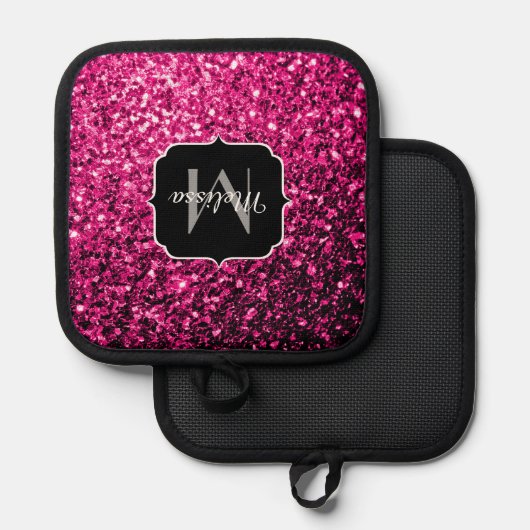 Heet roze faux glitter sparkles Monogram Pannenlap (Voorkant / Achterkant)