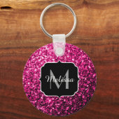 Heet roze faux glitter sparkles Monogram Sleutelhanger (Achterkant)