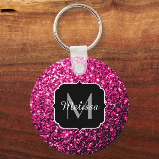 Heet roze faux glitter sparkles Monogram Sleutelhanger (Voorkant)