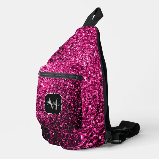 Heet roze faux glitter sparkles Monogram Sling Bag (Rechterhoek)