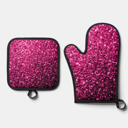 Heet roze faux glitter sparkles ovenwant & pannenlap set (Voorkant)