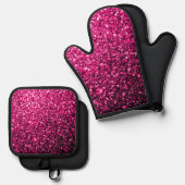 Heet roze faux glitter sparkles ovenwant & pannenlap set (Voorkant / Achterkant)