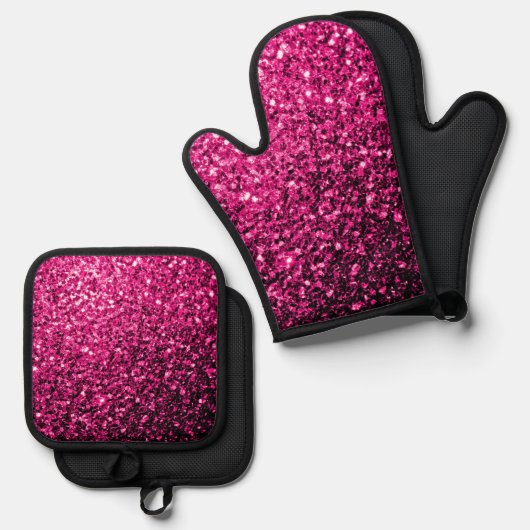 Heet roze faux glitter sparkles ovenwant & pannenlap set (Voorkant / Achterkant)