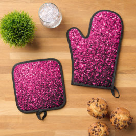 Heet roze faux glitter sparkles ovenwant & pannenlap set