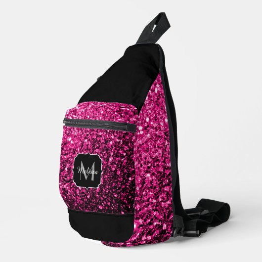 Heet roze faux glitter sparkles Zwart Monogram Sling Bag (Rechterhoek)