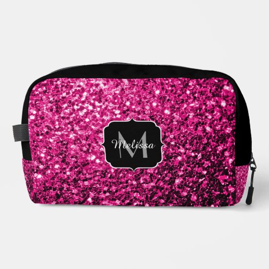 Heet roze faux glitter sparkles zwart Monogram Toilettasje (Voorkant)