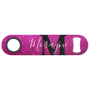 Heet Roze Faux Glitter Zwart Wit Monogram Naam Speed Flessenopener