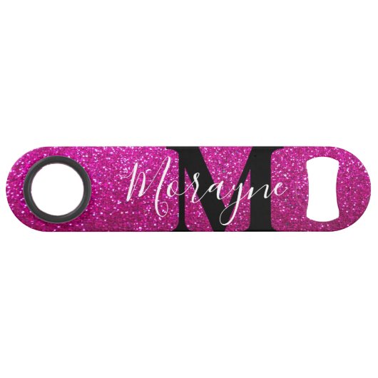 Heet Roze Faux Glitter Zwart Wit Monogram Naam Speed Flessenopener (Achterkant Horizontaal)