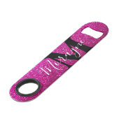 Heet Roze Faux Glitter Zwart Wit Monogram Naam Speed Flessenopener (Achterkant Gekanteld)