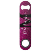 Heet Roze Faux Glitter Zwart Wit Monogram Naam Speed Flessenopener (Voorkant)