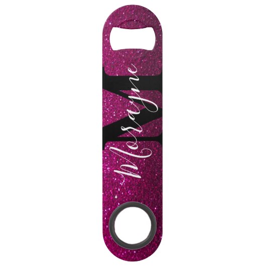 Heet Roze Faux Glitter Zwart Wit Monogram Naam Speed Flessenopener (Voorkant)