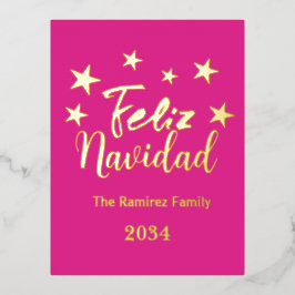 Heet Roze Feliz Navidad Modern Kerstmis Familie Folie Feestdagen Briefkaart