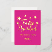 Heet Roze Feliz Navidad Modern Kerstmis Familie Folie Feestdagen Briefkaart (Voorkant / Achterkant)