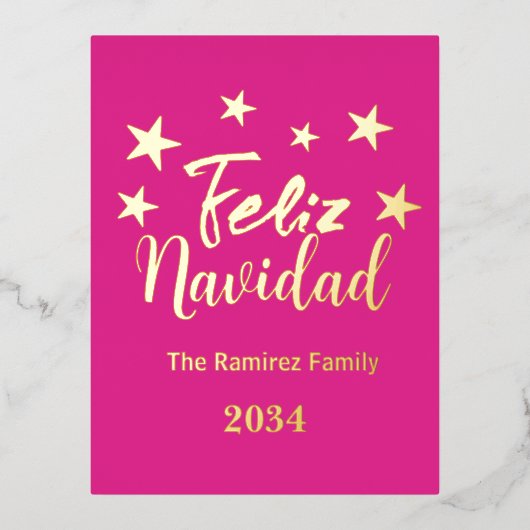 Heet Roze Feliz Navidad Modern Kerstmis Familie Folie Feestdagen Briefkaart (Voorkant)