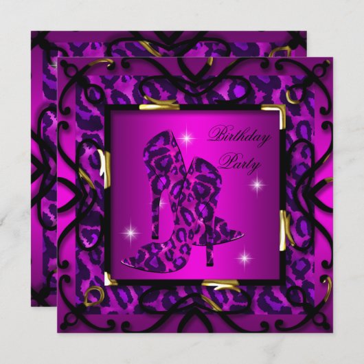 Heet-roze Floral-hiel-leopard Birthday Party Kaart (Voorkant / Achterkant)