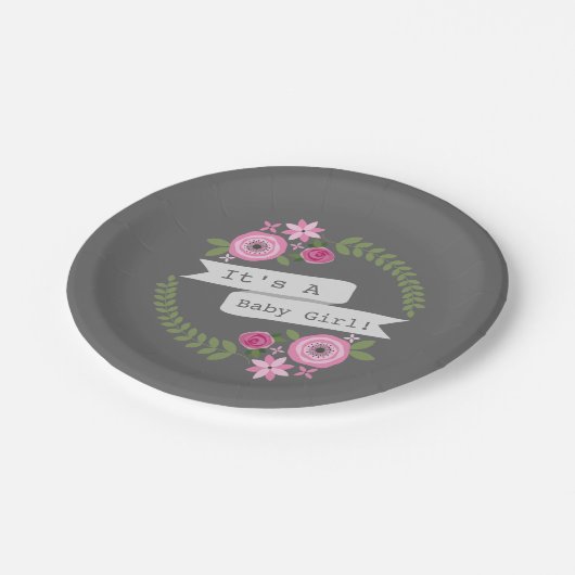 Heet Roze Floral WreatBaby shower Papieren Bordje (Gekanteld)