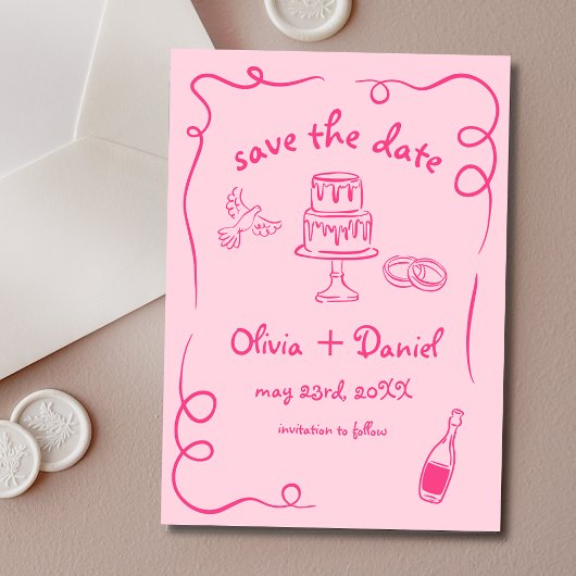 Heet Roze Funky Whimsical Handgetekende Huwelijk Save The Date