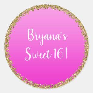 Heet Roze Gedompelde Gouden Glitters Glam Glitter Ronde Sticker
