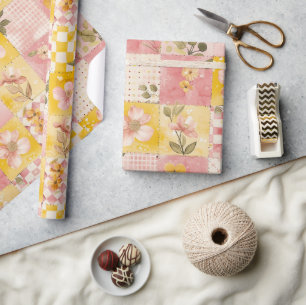 Heet roze geel quilt geruit cottagecore bloem cadeaupapier