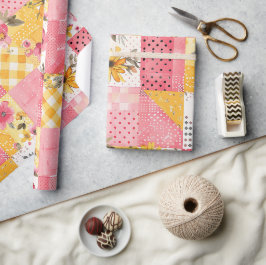 Heet roze geel quilt geruit cottagecore bloem cadeaupapier