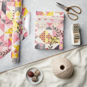 Heet Roze Geel Quilt Gingham Cottagecore Bloem Cadeaupapier
