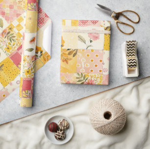 Heet Roze Geel Quilt Gingham Cottagecore Bloem Cadeaupapier