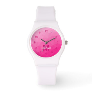 Heet roze geometrisch maaspatroon Monogram Horloge