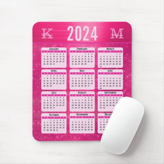 Heet Roze Glam Sparkle Monogram Naam 2024 Kalender Muismat (Met muis)