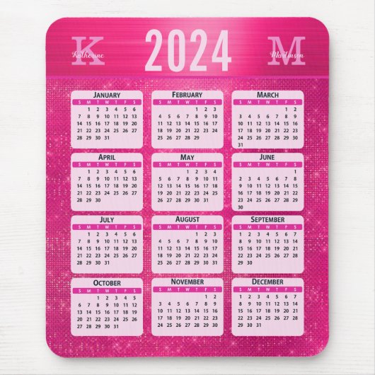 Heet Roze Glam Sparkle Monogram Naam 2024 Kalender Muismat (Voorkant)