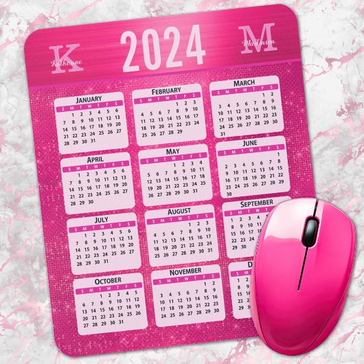 Heet Roze Glam Sparkle Monogram Naam 2024 Kalender Muismat