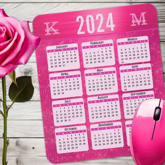 Heet Roze Glam Sparkle Monogram Naam 2024 Kalender Muismat