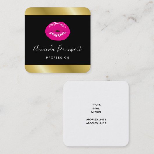 Heet Roze Glanzende Lippen op Zwart Visitekaartje (Voorkant / Achterkant)