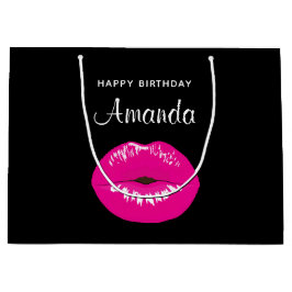 Heet Roze Glanzende Lippen op Zwarte Verjaardag Groot Cadeauzakje