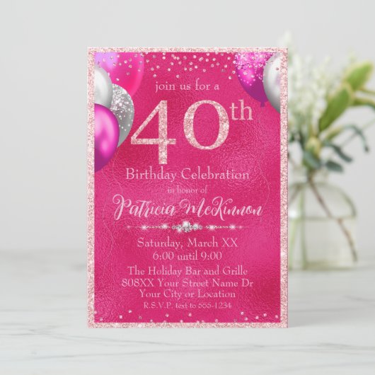 Heet Roze Glitter Ballonnen 40e Verjaardag Kaart (Staand voorkant)