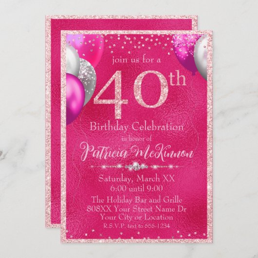 Heet Roze Glitter Ballonnen 40e Verjaardag Kaart (Voorkant / Achterkant)