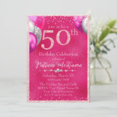 Heet Roze Glitter Ballonnen 50ste Verjaardag Kaart (Staand voorkant)