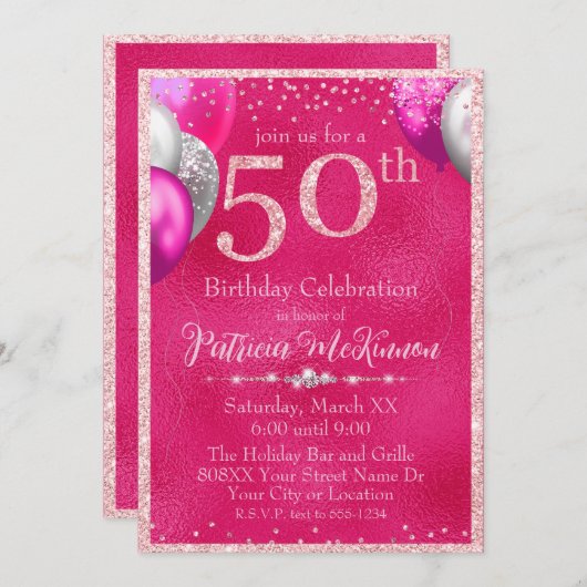 Heet Roze Glitter Ballonnen 50ste Verjaardag Kaart (Voorkant / Achterkant)