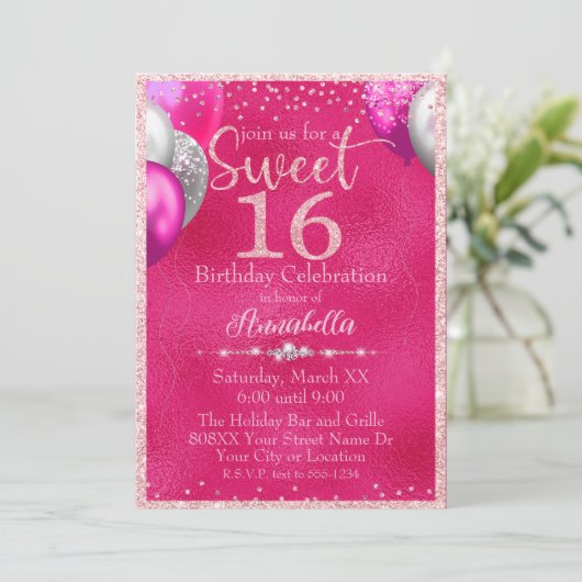Heet Roze Glitter Ballons Zoet 16 Verjaardag Kaart (Staand voorkant)