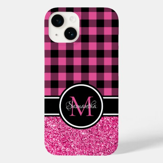 Heet Roze Glitter Buffalo Plaid Monogram Case-Mate iPhone Case (Achterkant)