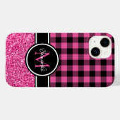 Heet Roze Glitter Buffalo Plaid Monogram Case-Mate iPhone Case (Achterkant (horizontaal))