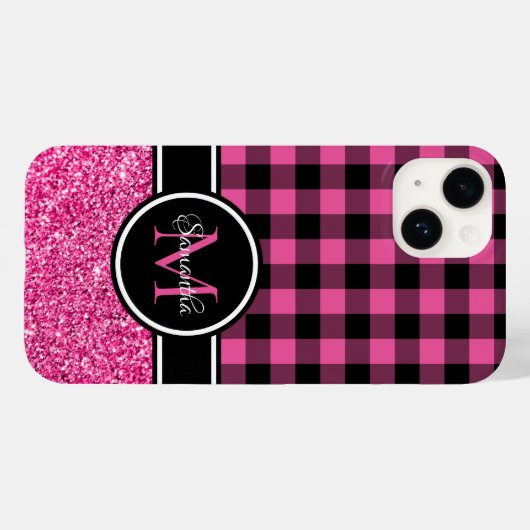 Heet Roze Glitter Buffalo Plaid Monogram Case-Mate iPhone Case (Achterkant (horizontaal))