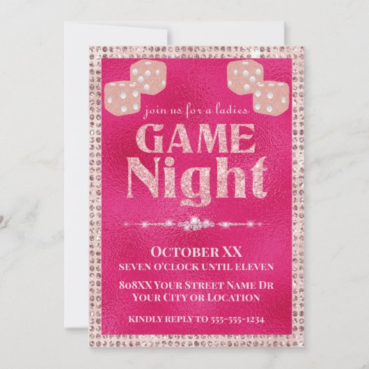 Heet roze glitter dobbelstenen dames spel nacht kaart (Voorkant)