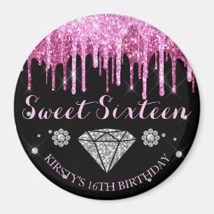 Heet Roze Glitter Drip Diamant Sweet Sixteen Magneet