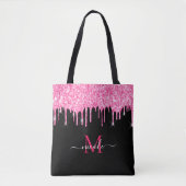 Heet Roze Glitter Drip Monogram Naam Zwart Canvas  Tote Bag (Voorkant)
