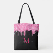 Heet Roze Glitter Drip Monogram Naam Zwart Canvas  Tote Bag (Achterkant)