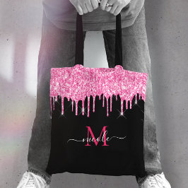 Heet Roze Glitter Drip Monogram Naam Zwart Canvas  Tote Bag