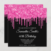 Heet Roze Glitter Drips Zwart 40e Verjaardag Kaart (Voorkant / Achterkant)