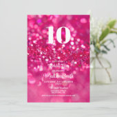 Heet Roze Glitter Glam 10e Verjaardag Uitnodiging (Staand voorkant)