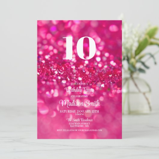Heet Roze Glitter Glam 10e Verjaardag Uitnodiging (Staand voorkant)